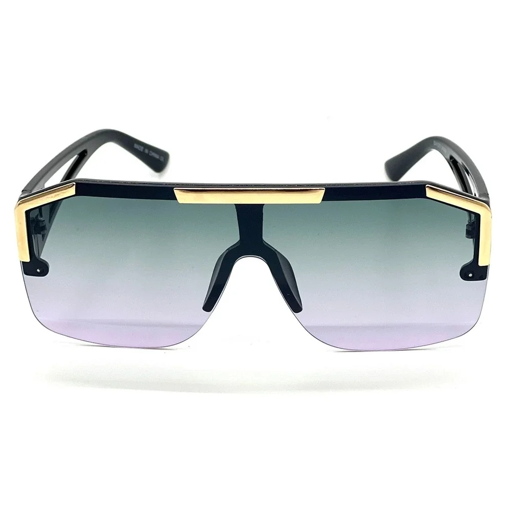 Shield Sunglasses Gold Top Metal Bar Trim Rimless Oversized Shadades Square‎ New